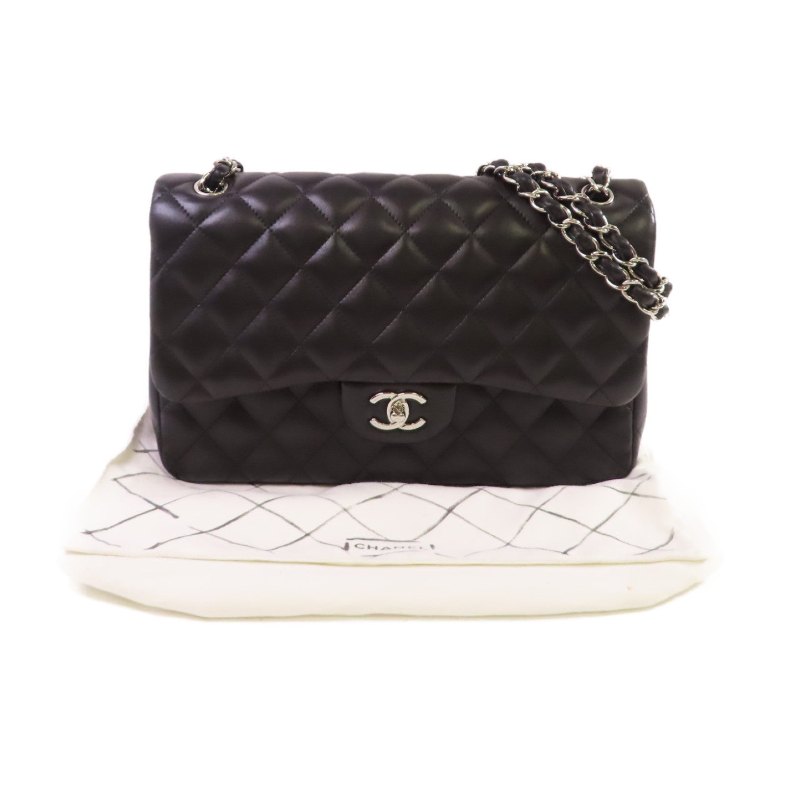 CHANEL 菱格羊皮皮革Classic Jumbo Chain Shoulder Bag銀扣鏈帶肩背袋黑色