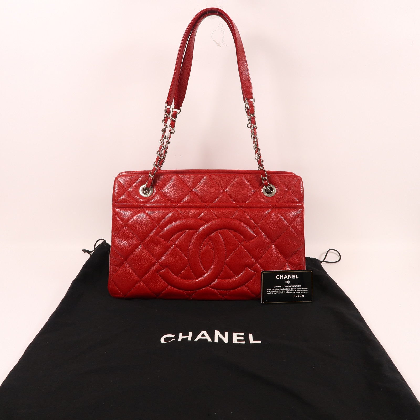 CHANEL 牛皮皮革Chain Shoulder銀扣鏈帶肩背袋紅色