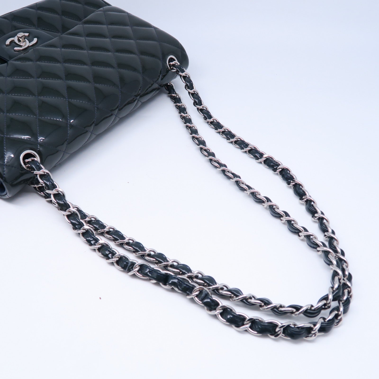 CHANEL **【清倉大減價】菱格漆皮皮革Classic Jumbo銀扣鏈帶肩背袋綠色