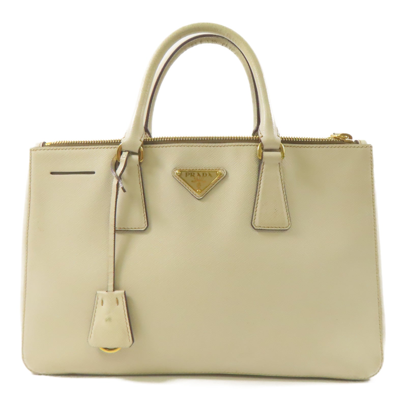 PRADA 牛皮皮革Saffiano金扣手挽袋米白色