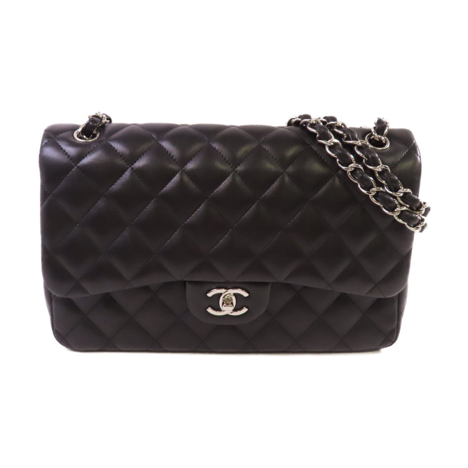 CHANEL 菱格羊皮皮革Classic Jumbo Chain Shoulder Bag銀扣鏈帶肩背袋黑色