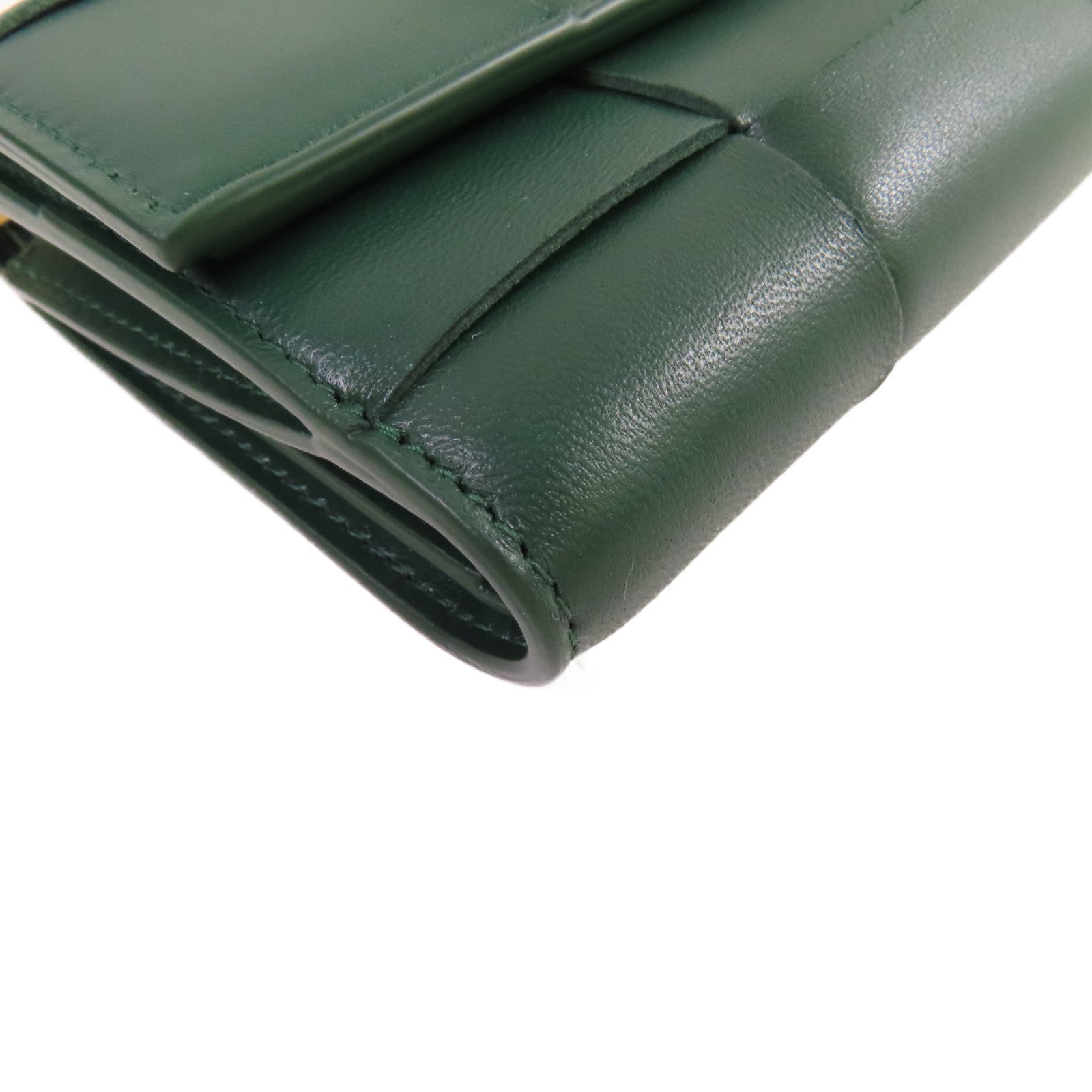 BOTTEGA VENETA 織紋皮革Cassette Tri-Fold Short Wallet金扣錢包綠色