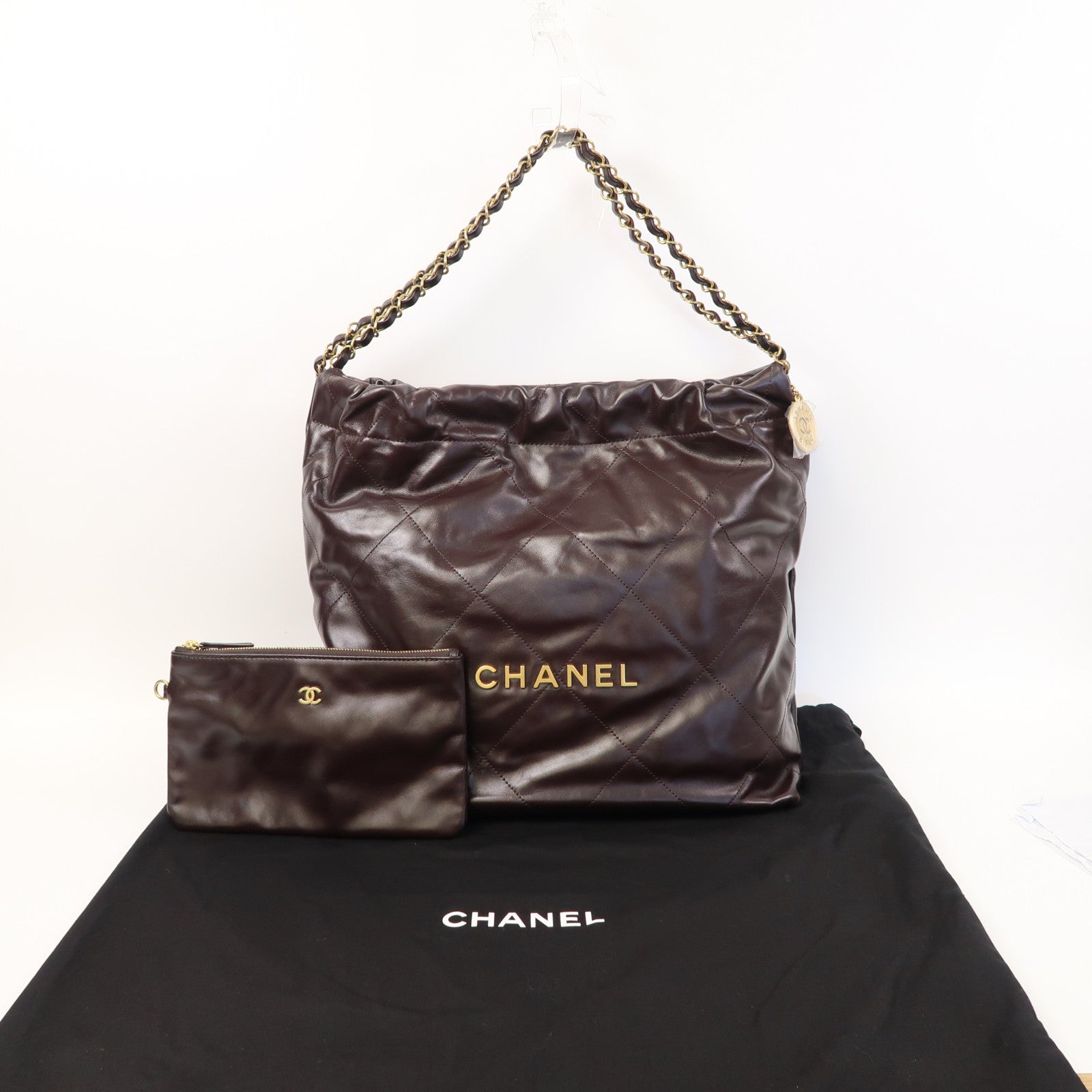 CHANEL 菱格牛皮皮革C22 Medium金扣鏈帶肩背袋啡色