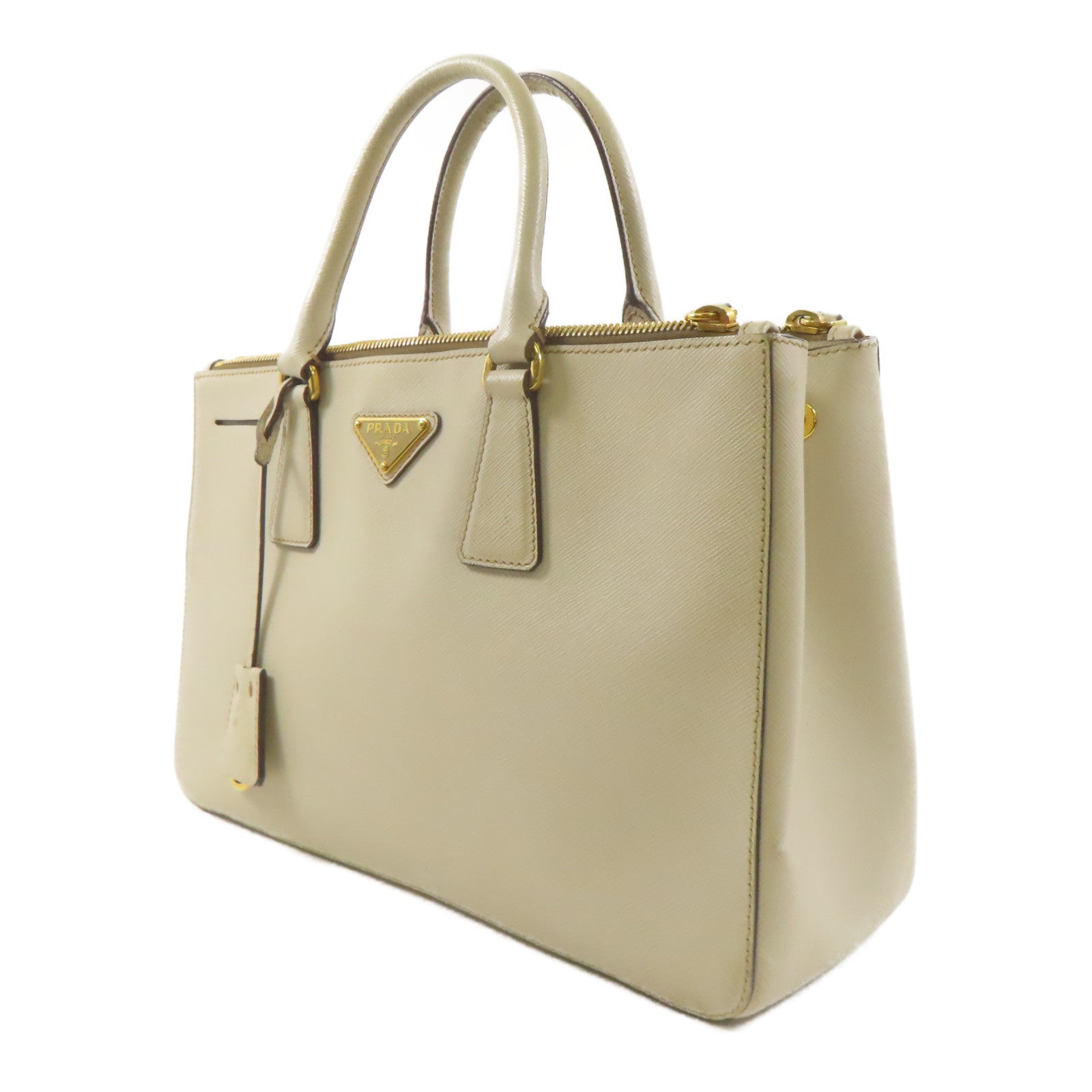 PRADA 牛皮皮革Saffiano金扣手挽袋米白色