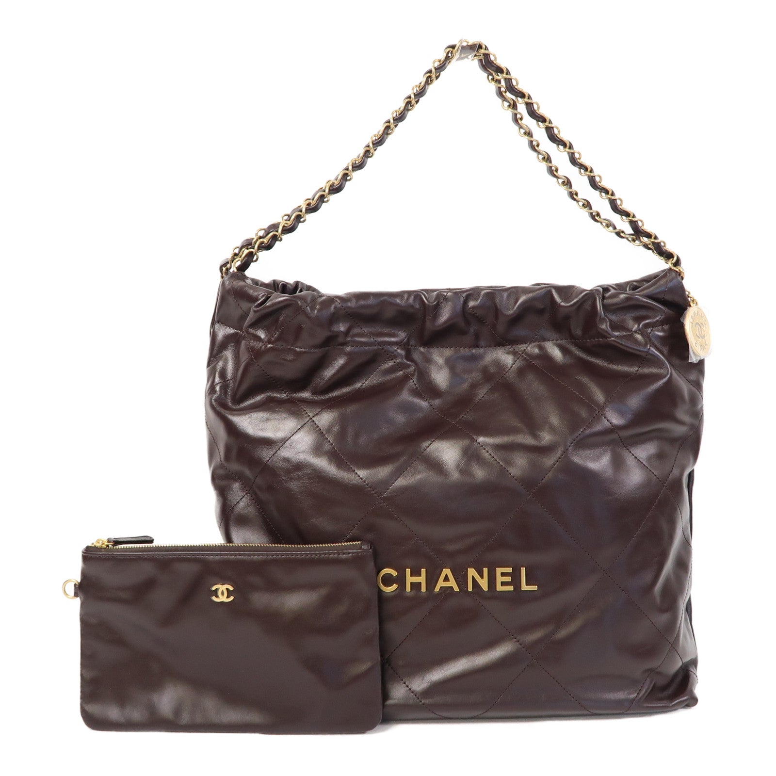 CHANEL 菱格牛皮皮革C22 Medium金扣鏈帶肩背袋啡色