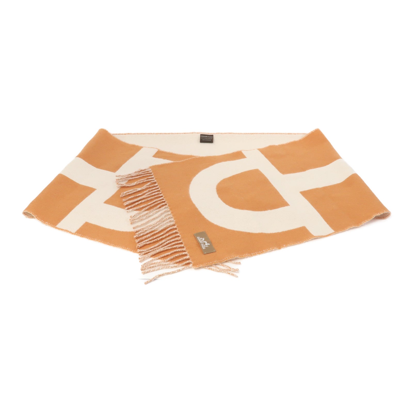 HERMES 【激減優惠】羊絨Muffler圍巾橙色/米色
