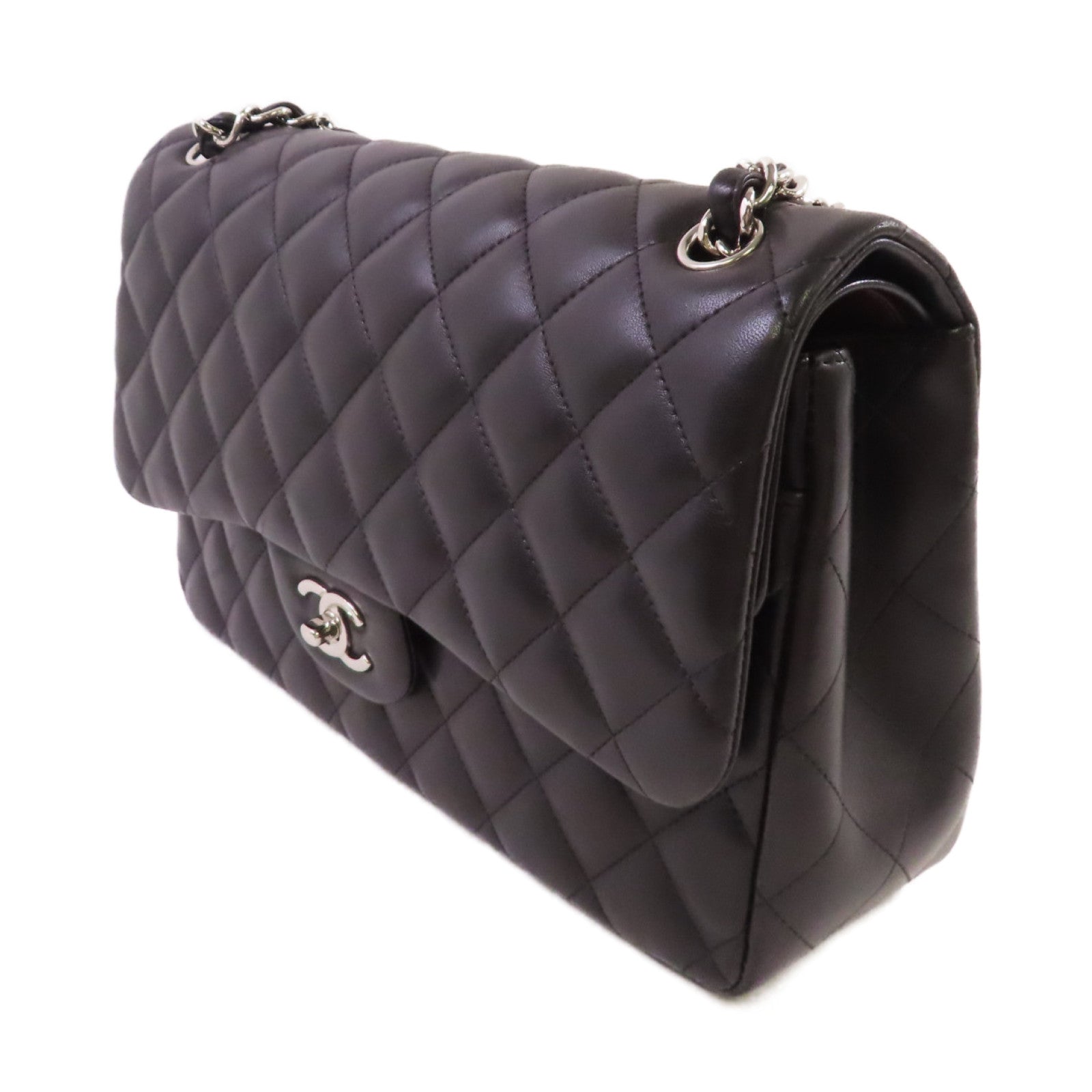 CHANEL 菱格羊皮皮革Classic Jumbo Chain Shoulder Bag銀扣鏈帶肩背袋黑色