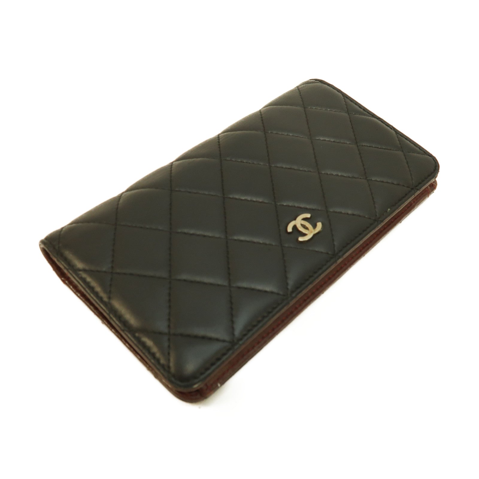 CHANEL 菱格羊皮皮革Long Wallet銀扣長錢包黑色