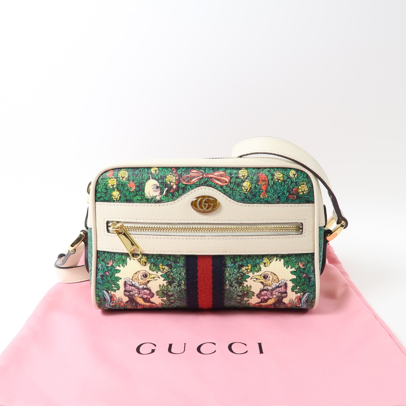 GUCCI 塗層帆布One Shoulder金扣肩背袋綠色/米色