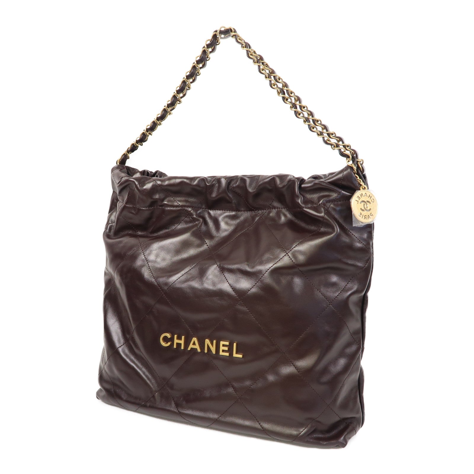 CHANEL 菱格牛皮皮革C22 Medium金扣鏈帶肩背袋啡色