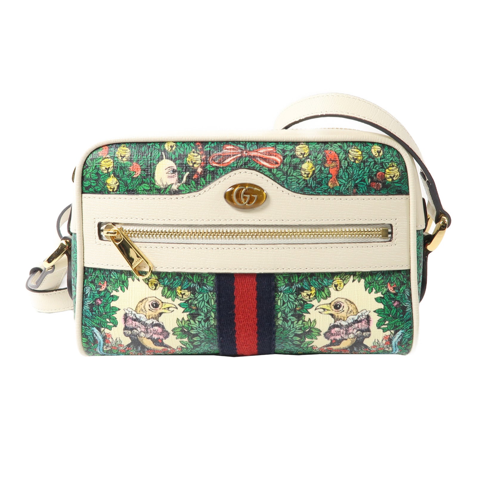 GUCCI 塗層帆布One Shoulder金扣肩背袋綠色/米色