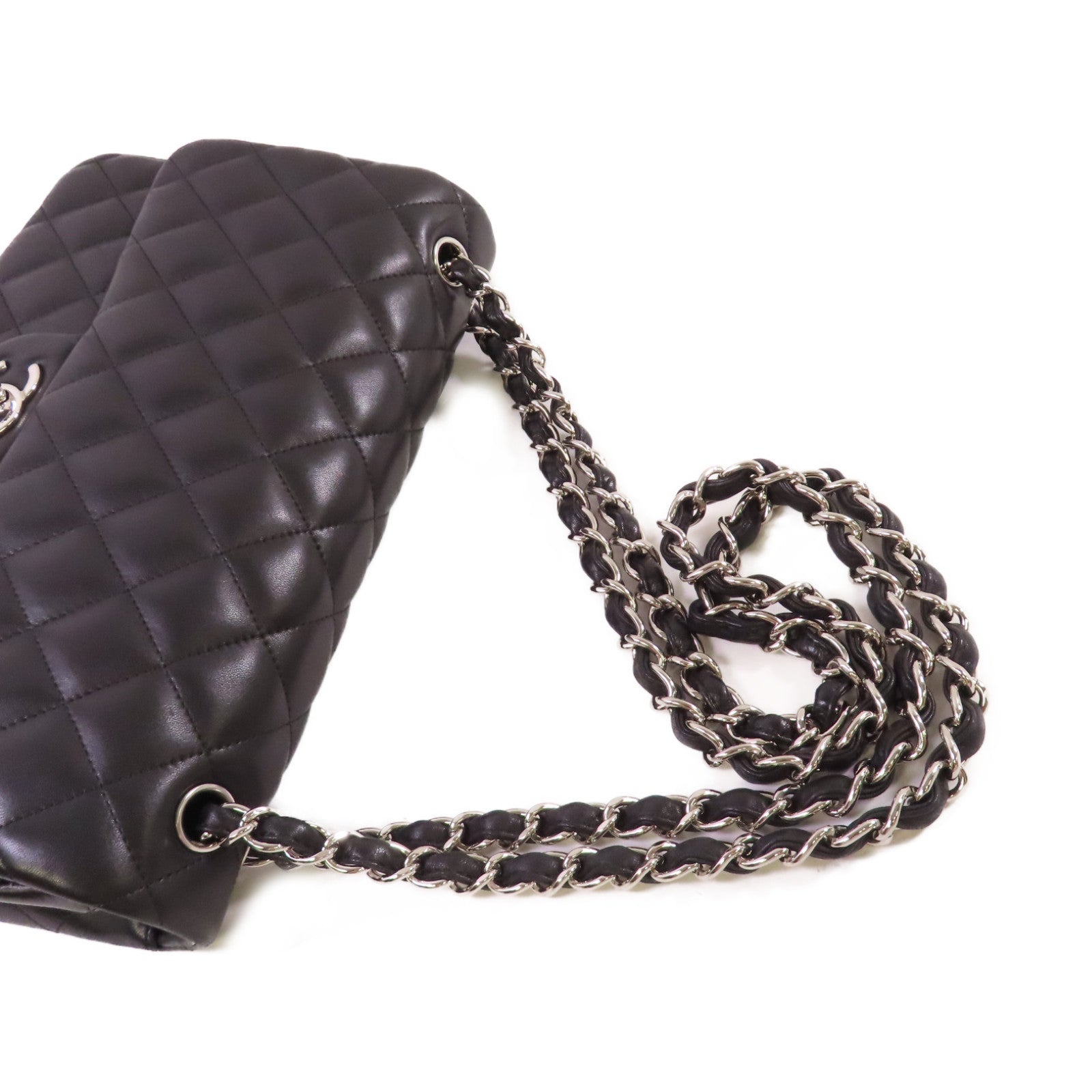 CHANEL 菱格羊皮皮革Classic Jumbo Chain Shoulder Bag銀扣鏈帶肩背袋黑色