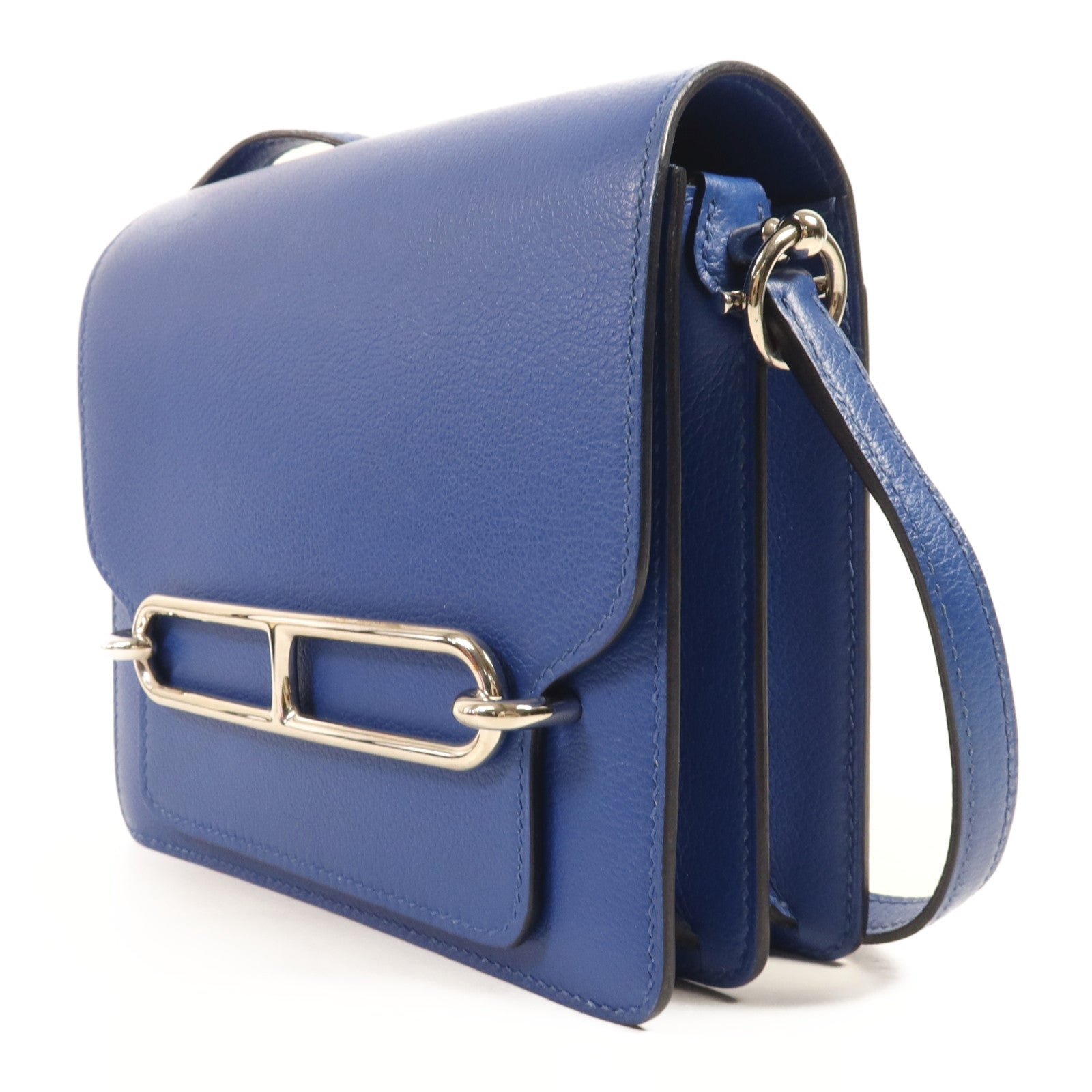HERMES Evercolour皮革Roulis Mini銀扣肩背袋Blue Zellige