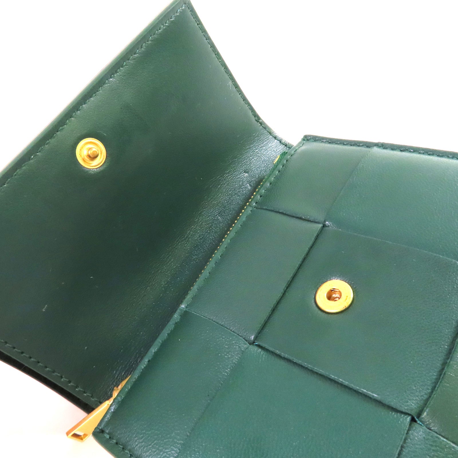 BOTTEGA VENETA 織紋皮革Cassette Tri-Fold Short Wallet金扣錢包綠色
