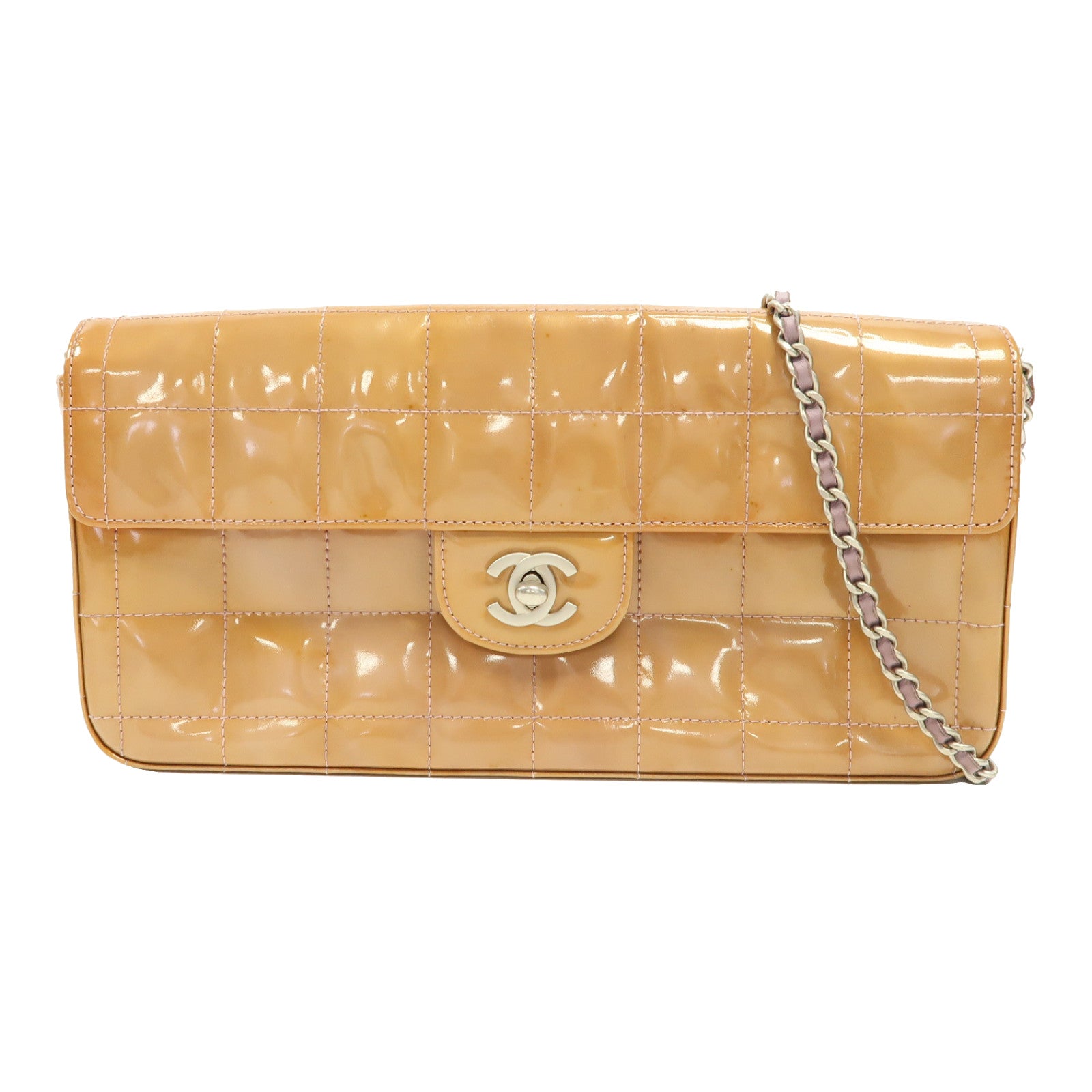 CHANEL 漆皮皮革Chain Shoulder銀扣鏈帶肩背袋啡色