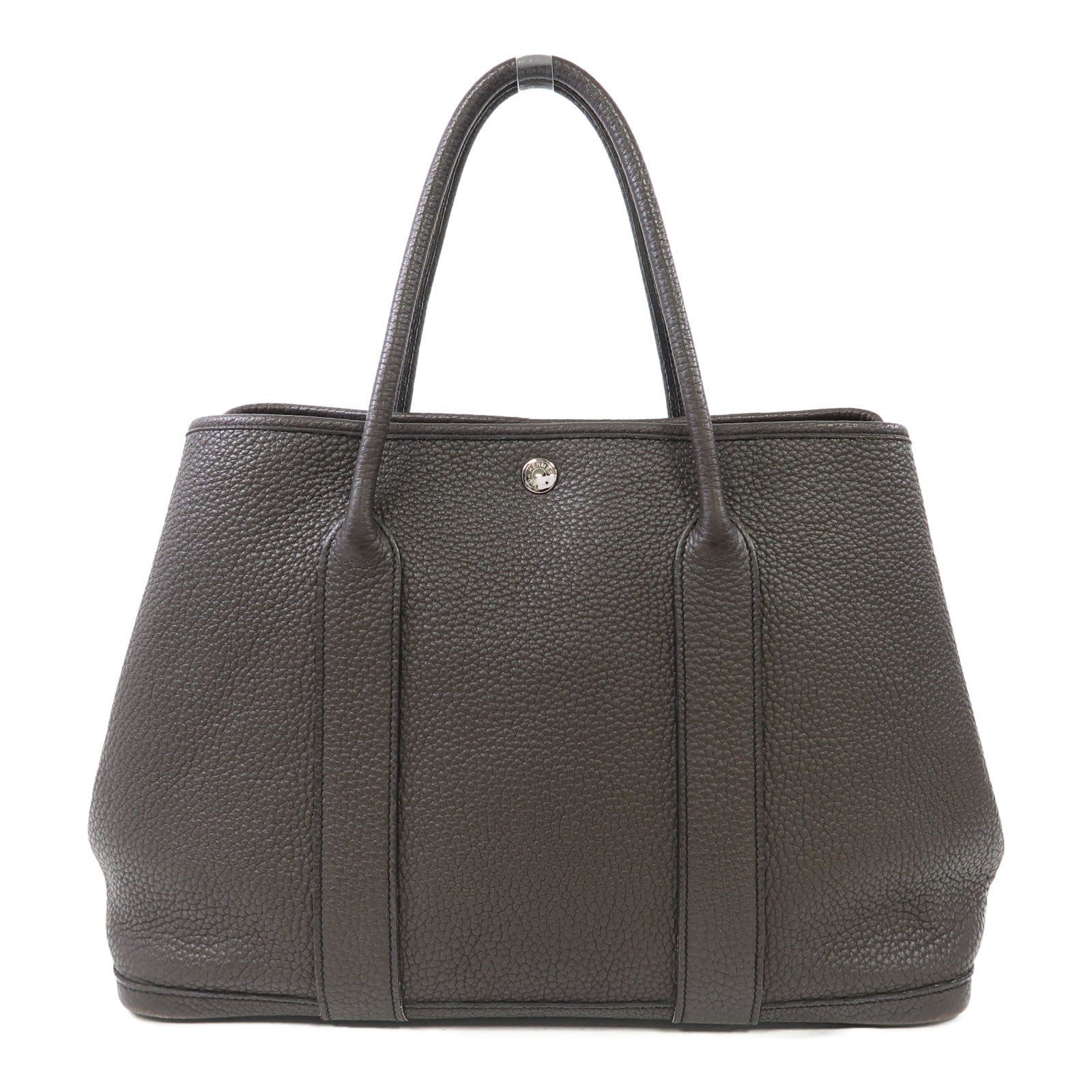 HERMES Clemence皮革Garden Party PM銀扣手挽袋巧克力色
