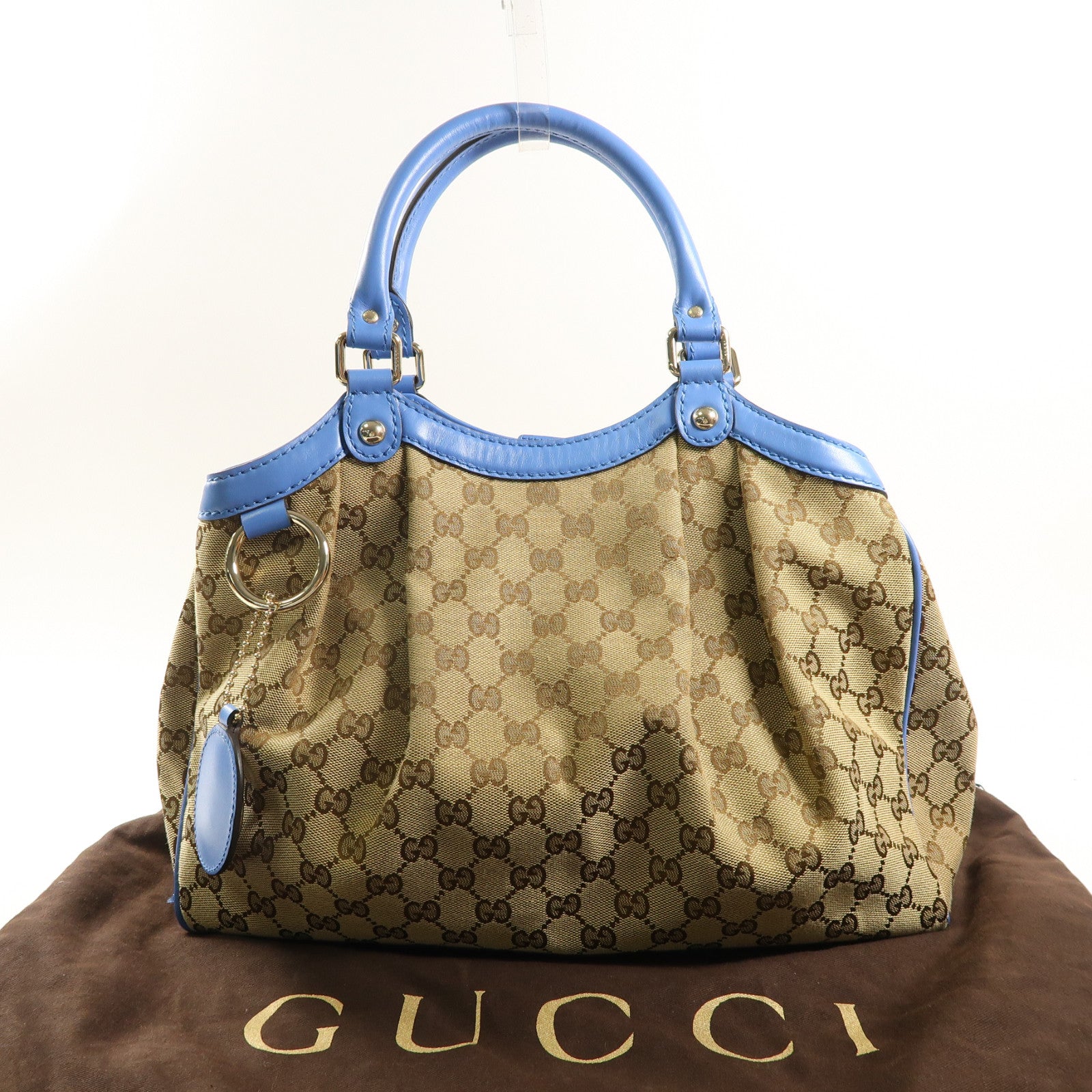 GUCCI 帆布/皮革Handbag金扣手挽袋啡色/藍色
