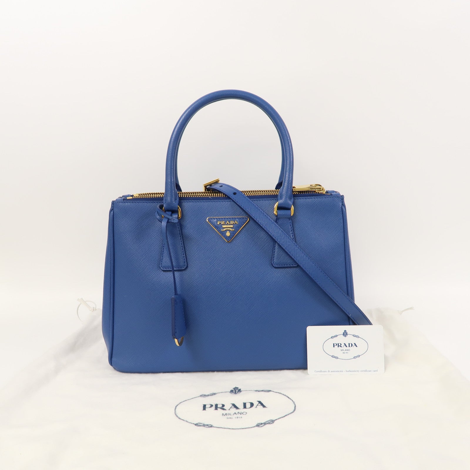 PRADA Saffiano皮革Galleria金扣手挽肩背兩用袋藍色