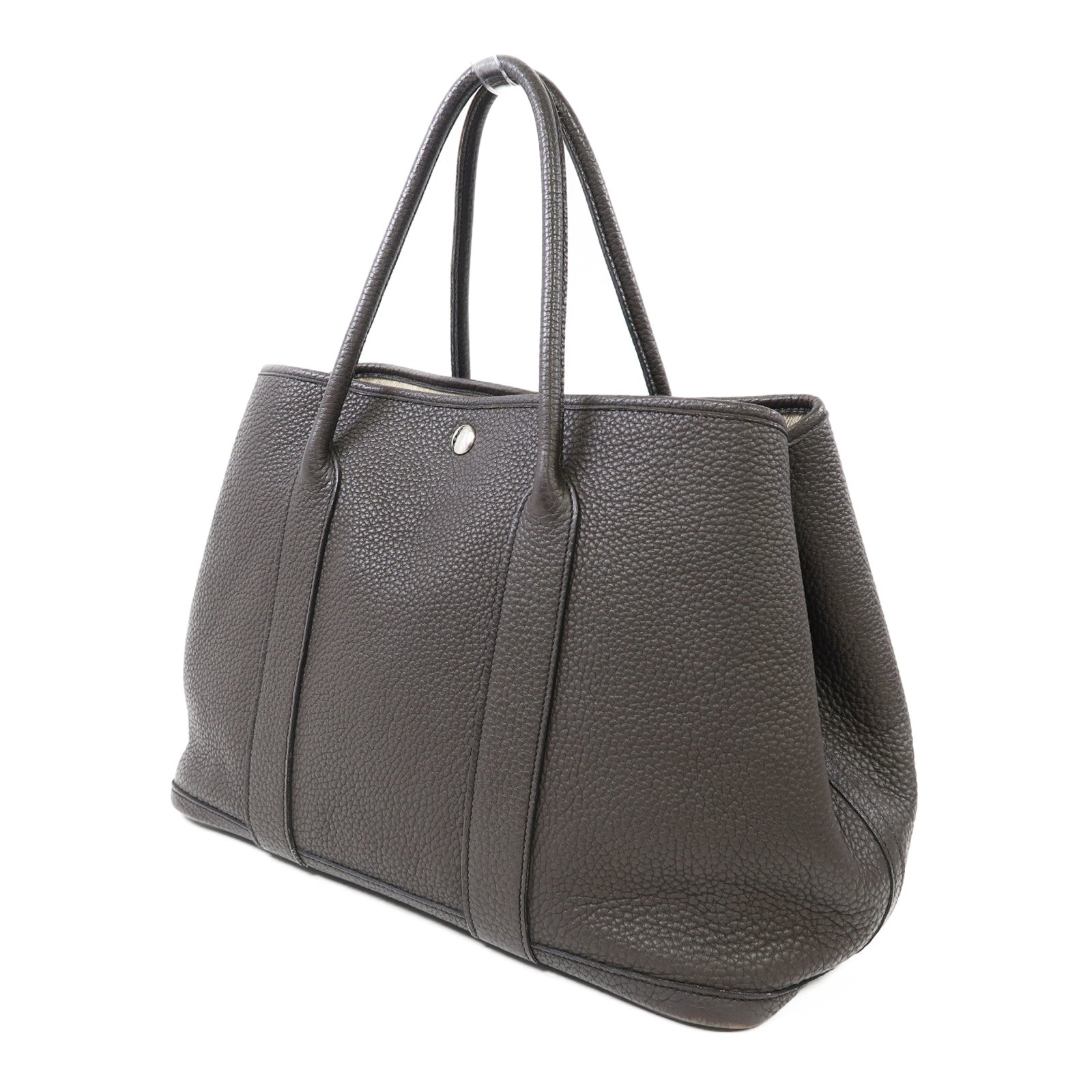 HERMES Clemence皮革Garden Party PM銀扣手挽袋巧克力色