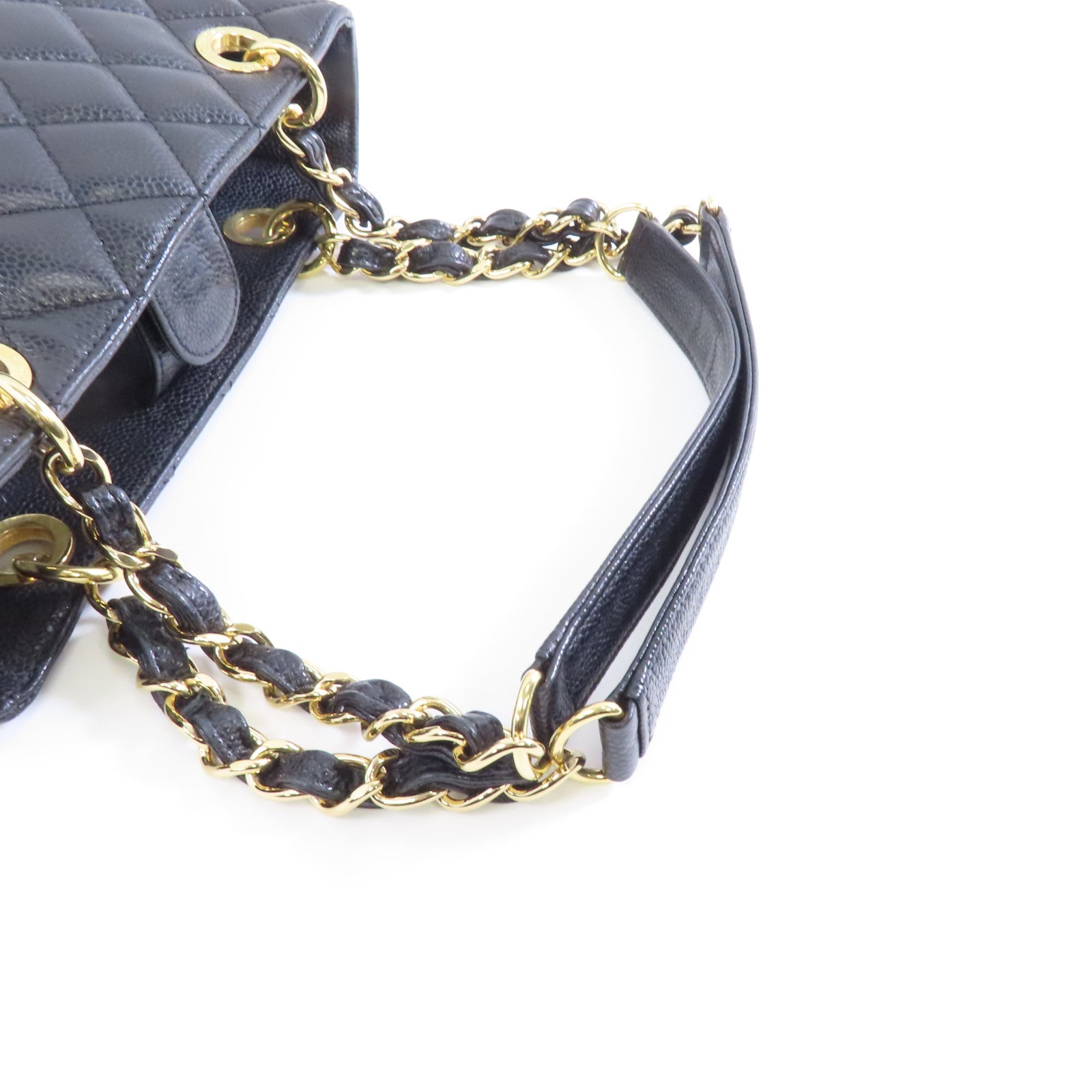 CHANEL 菱格牛皮皮革Chain Shoulder金扣鏈帶肩背袋黑色
