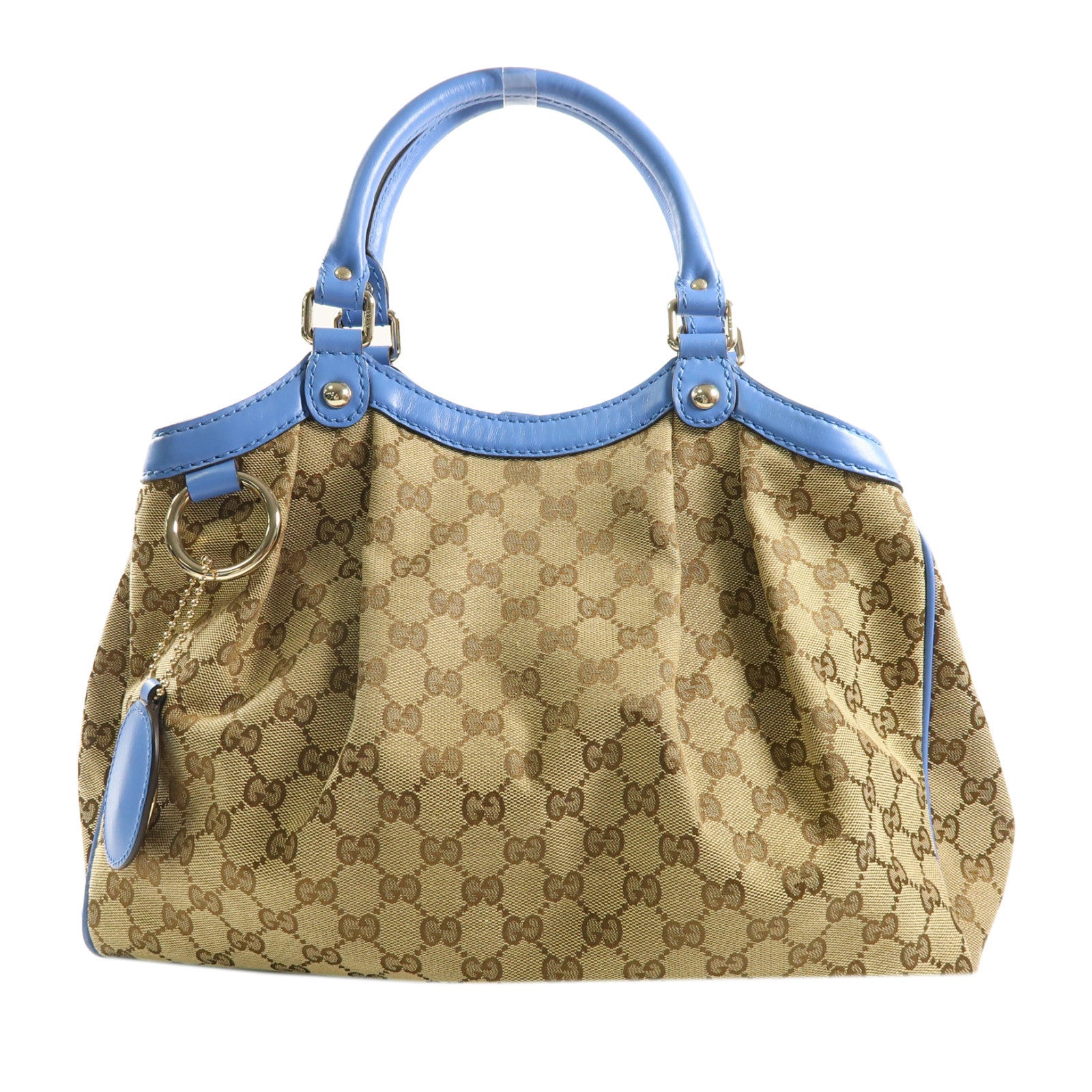 GUCCI 帆布/皮革Handbag金扣手挽袋啡色/藍色