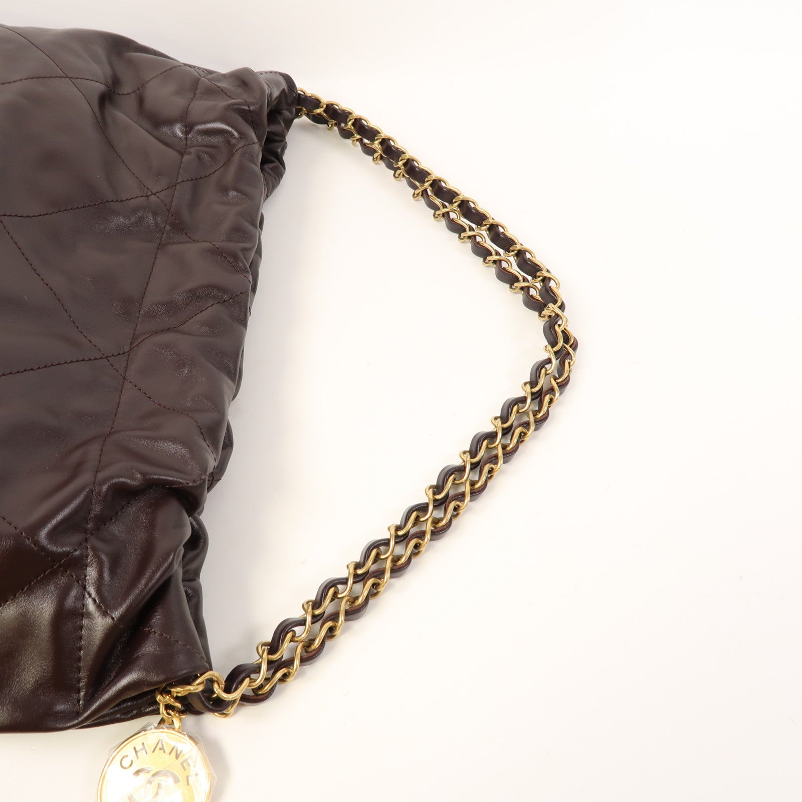 CHANEL 菱格牛皮皮革C22 Medium金扣鏈帶肩背袋啡色