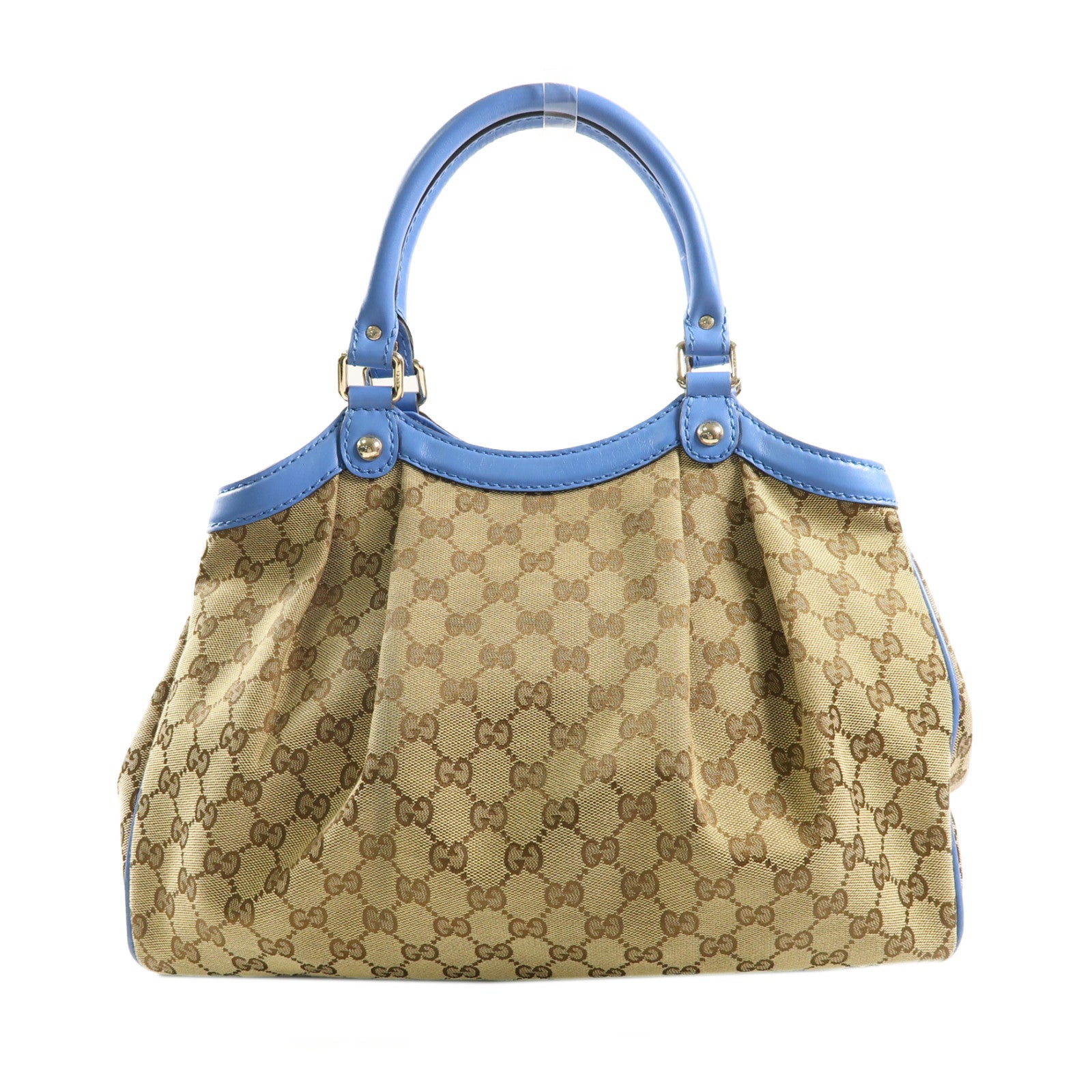 GUCCI 帆布/皮革Handbag金扣手挽袋啡色/藍色