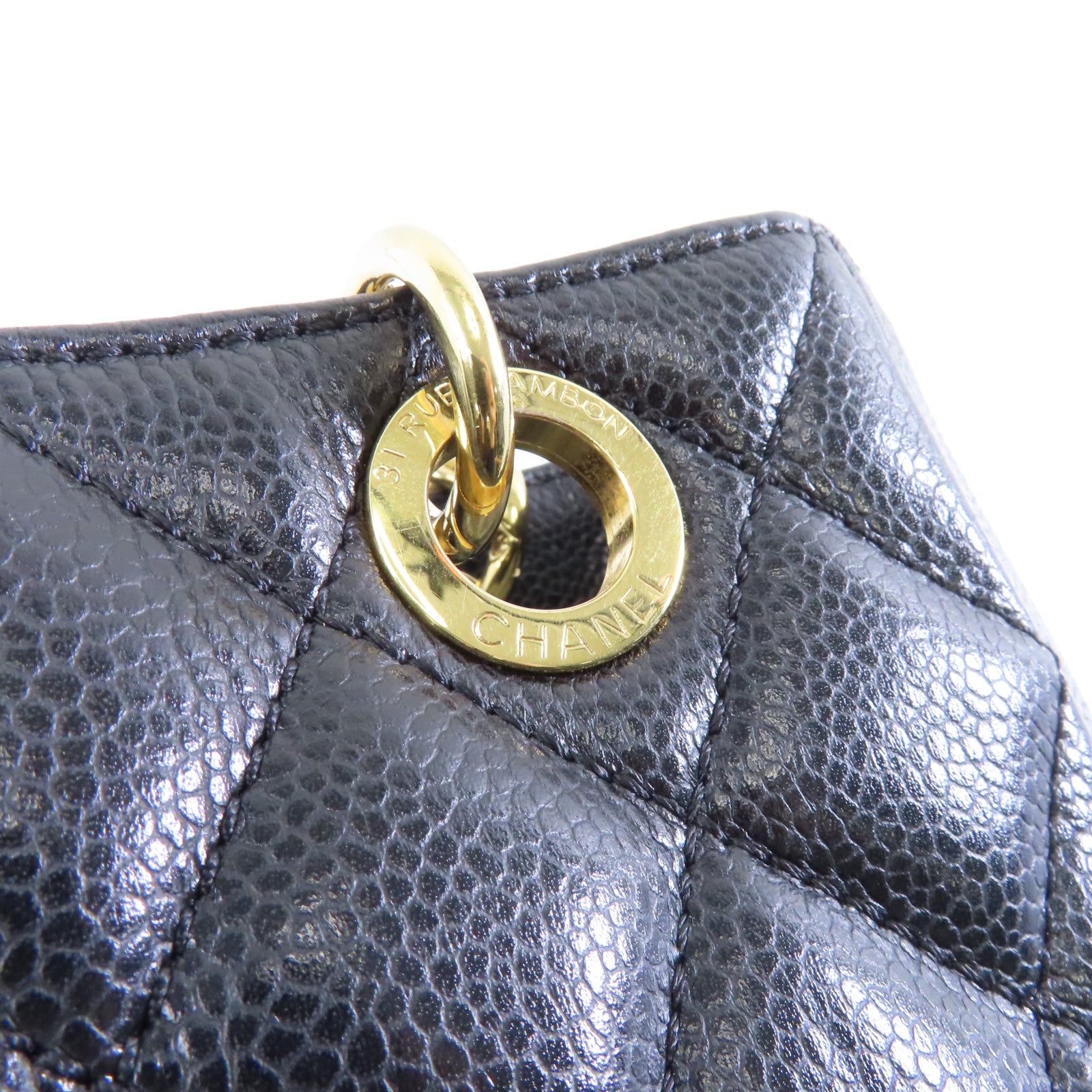 CHANEL 菱格牛皮皮革Chain Shoulder金扣鏈帶肩背袋黑色