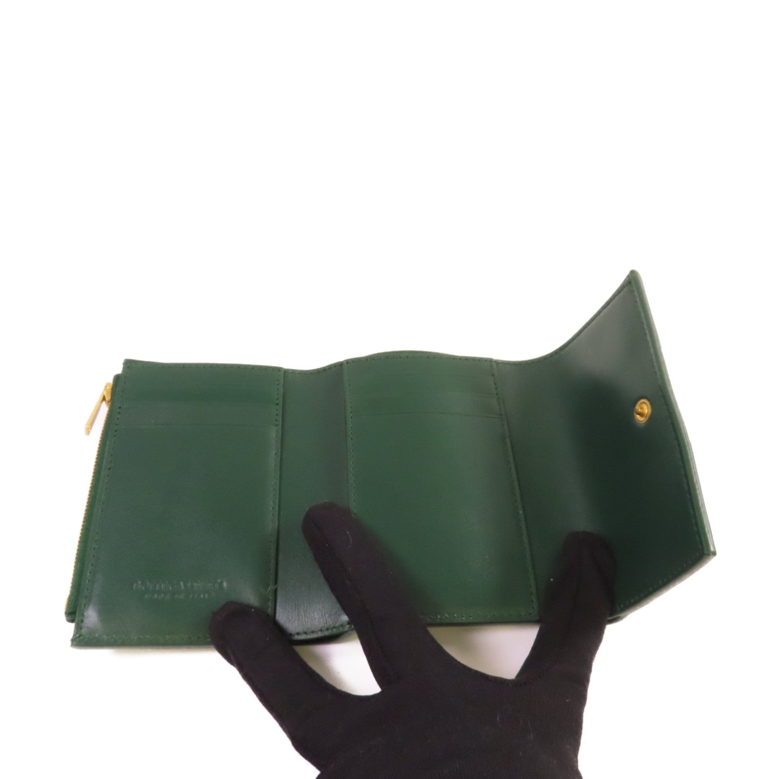 BOTTEGA VENETA 織紋皮革Cassette Tri-Fold Short Wallet金扣錢包綠色
