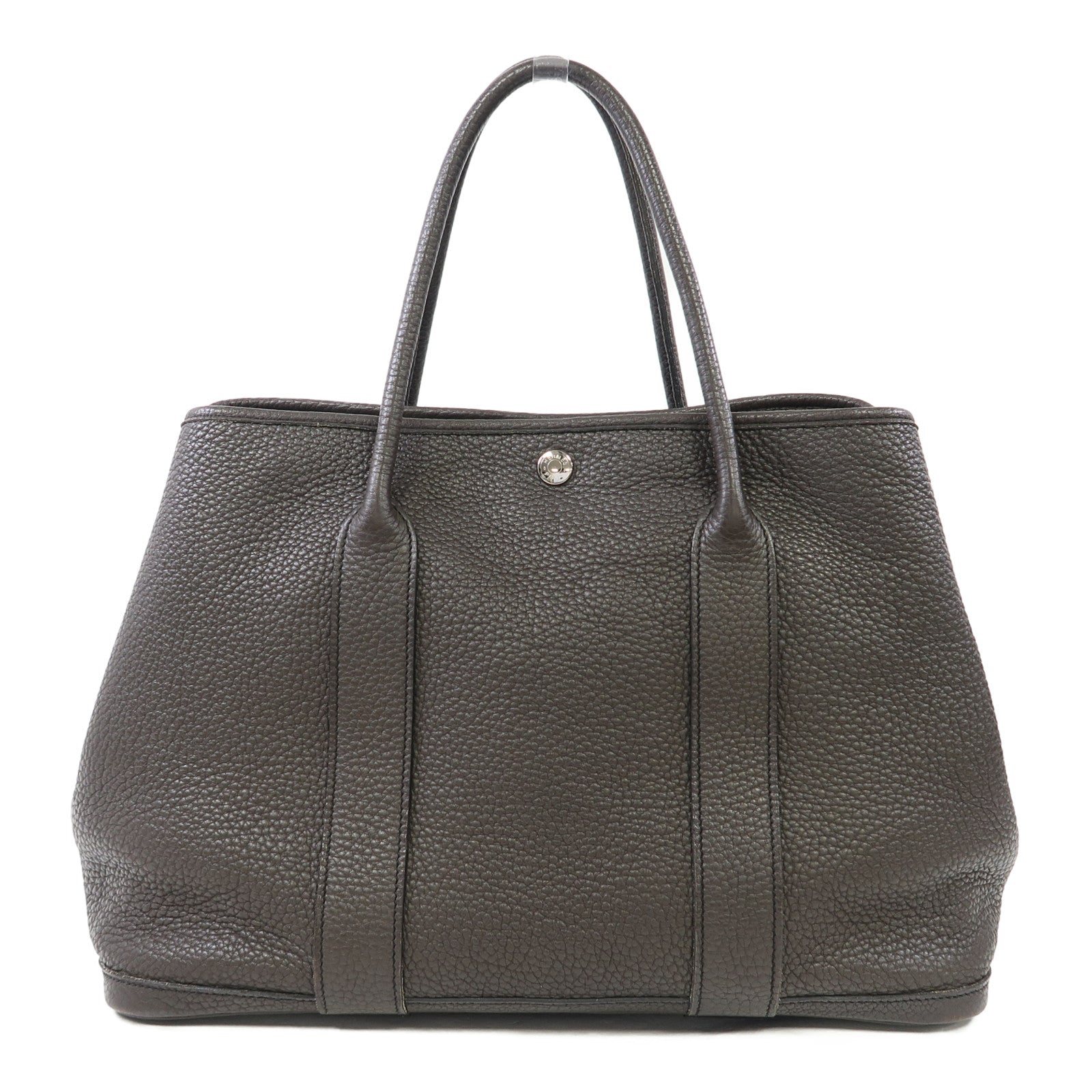 HERMES Clemence皮革Garden Party PM銀扣手挽袋巧克力色