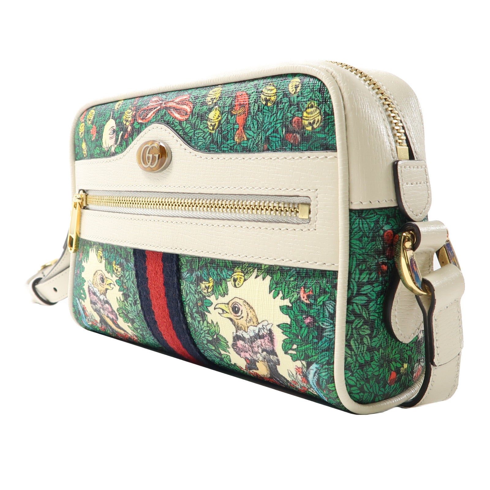 GUCCI 塗層帆布One Shoulder金扣肩背袋綠色/米色