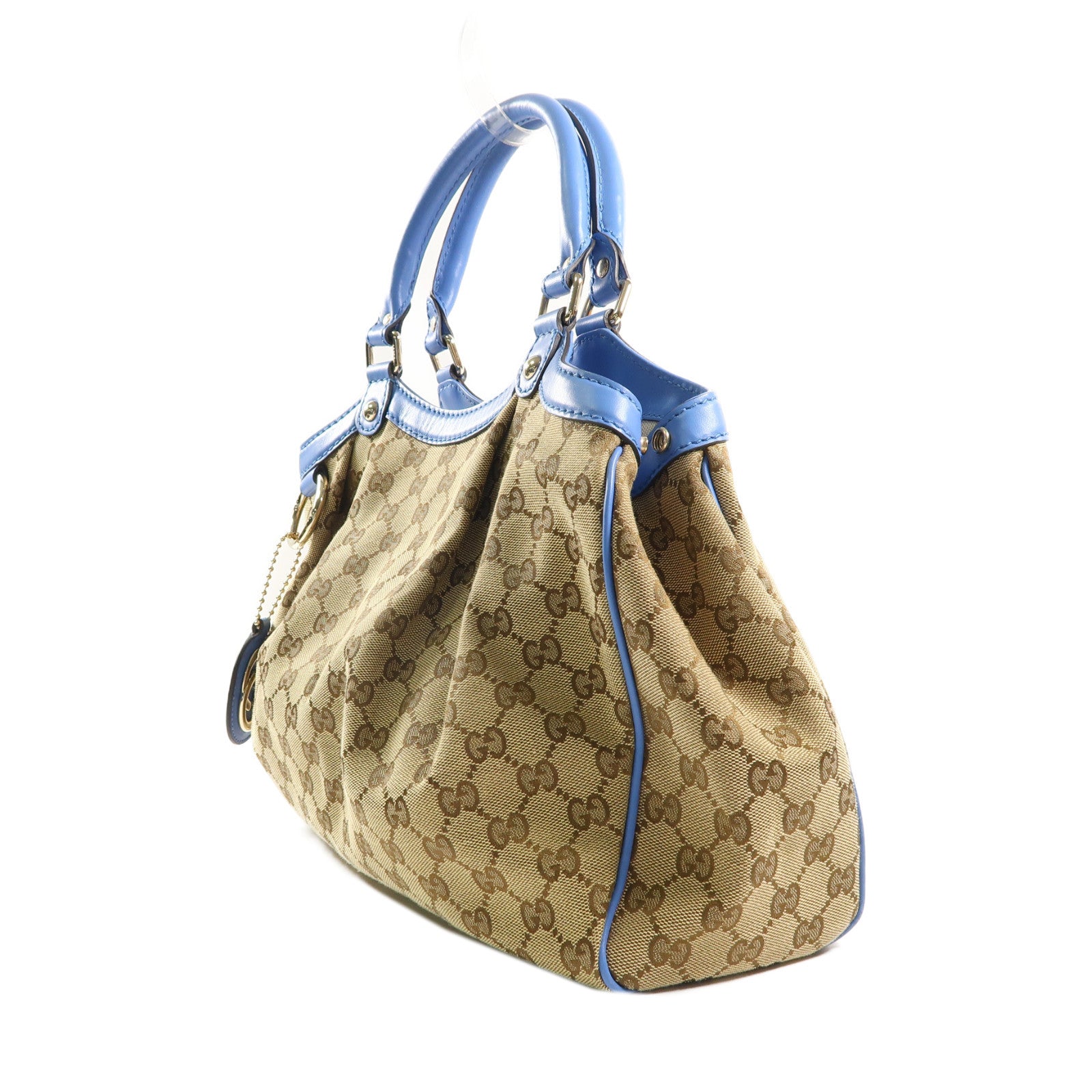 GUCCI 帆布/皮革Handbag金扣手挽袋啡色/藍色