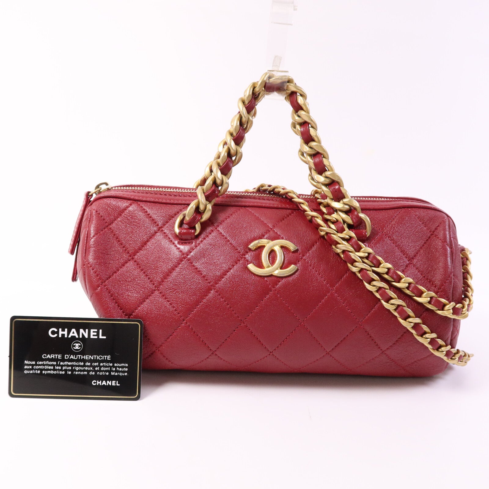 CHANEL 牛皮皮革Bowling Bag金扣鏈帶手挽肩背兩用袋
