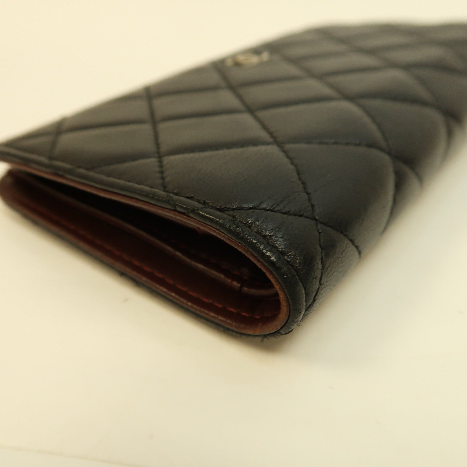 CHANEL 菱格羊皮皮革Long Wallet銀扣長錢包黑色