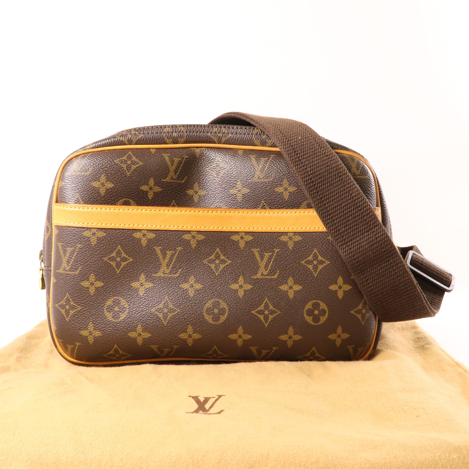 LOUIS VUITTON Monogram Reporter PM金扣肩背袋棕色
