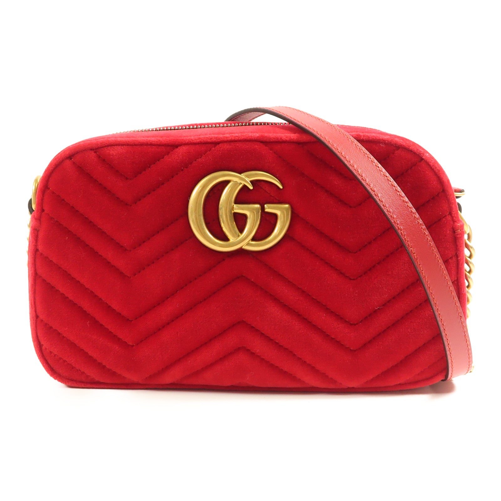 GUCCI GHW GG Marmont Small Chain Shoulder Bag Velvet 447632 Red
