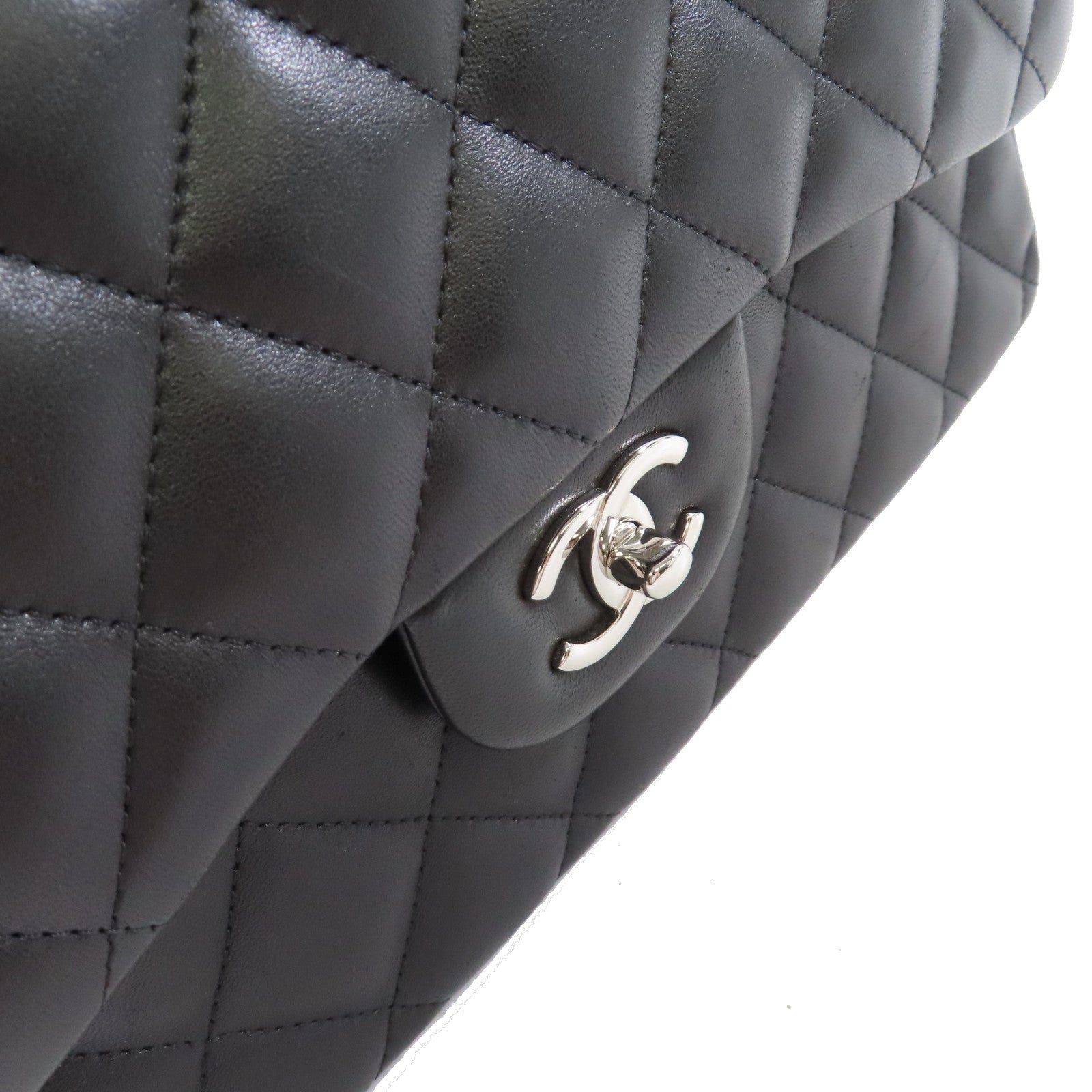 CHANEL 菱格羊皮皮革Classic Jumbo Chain Shoulder Bag銀扣鏈帶肩背袋黑色
