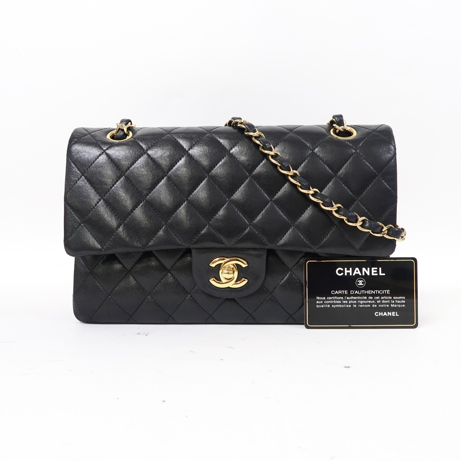 CHANEL 菱格羊皮皮革Classic金扣鏈帶肩背袋黑色