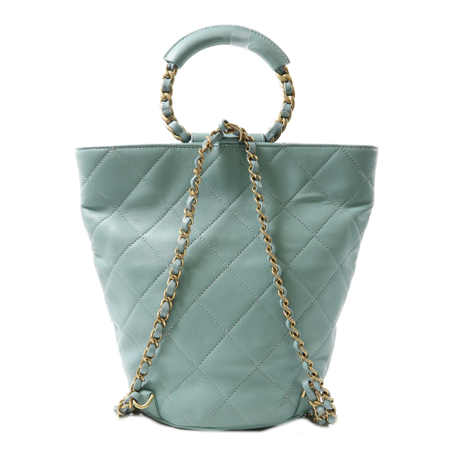 CHANEL 菱格牛皮皮革Backpack金扣鏈帶背包淺綠色