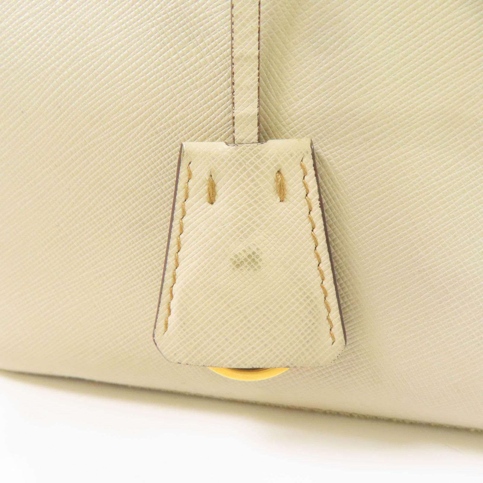 PRADA 牛皮皮革Saffiano金扣手挽袋米白色
