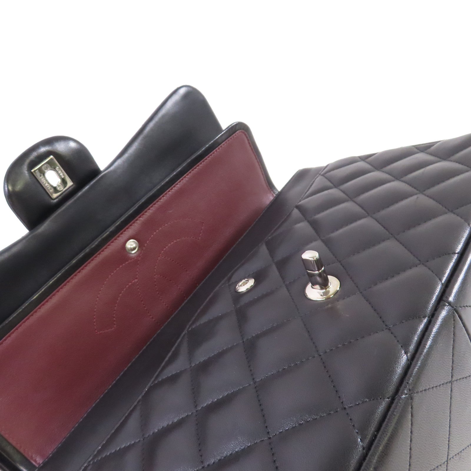 CHANEL 菱格羊皮皮革Classic Jumbo Chain Shoulder Bag銀扣鏈帶肩背袋黑色