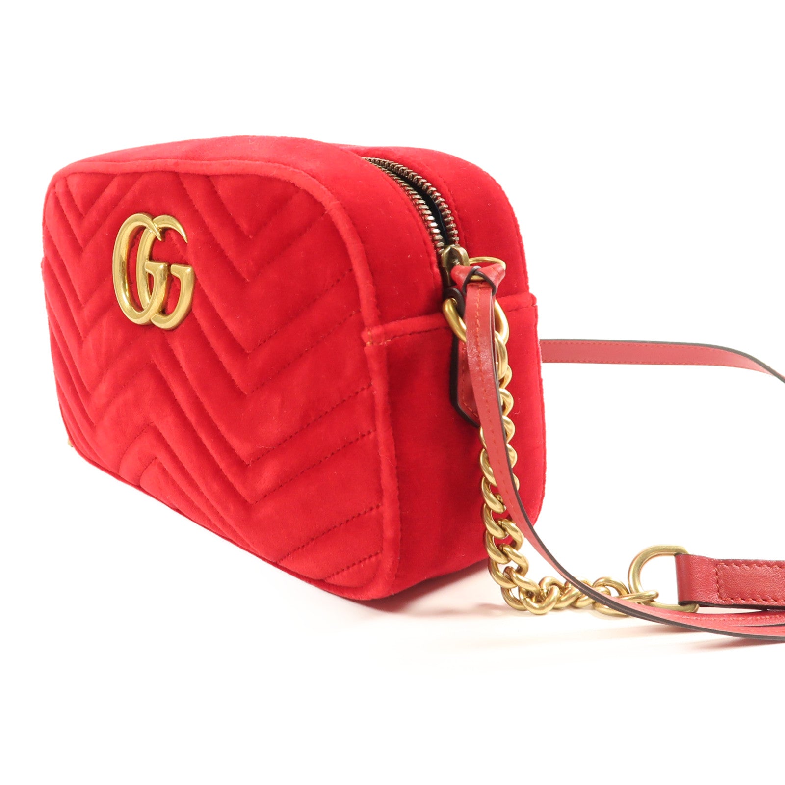 GUCCI GHW GG Marmont Small Chain Shoulder Bag Velvet 447632 Red