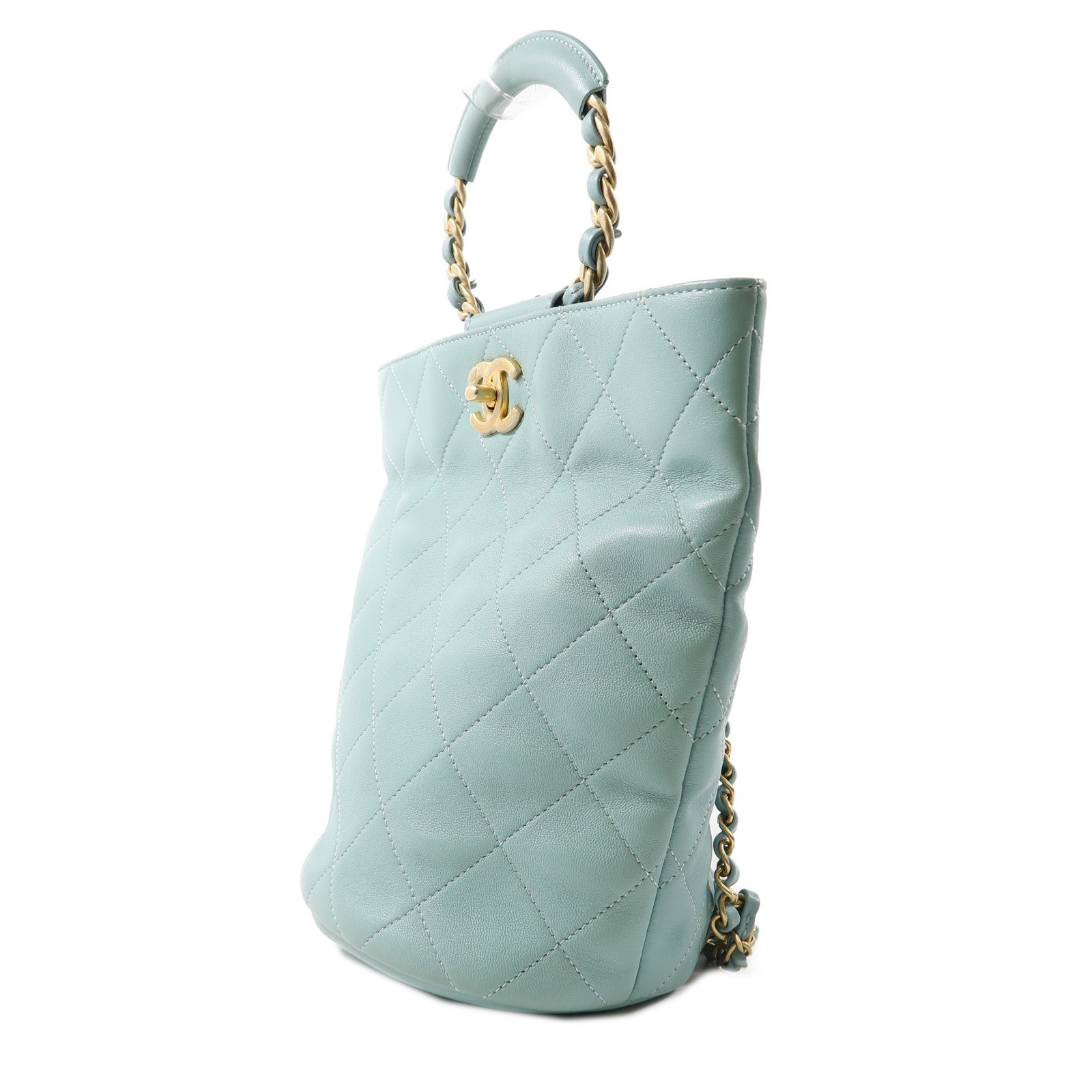 CHANEL 菱格牛皮皮革Backpack金扣鏈帶背包淺綠色