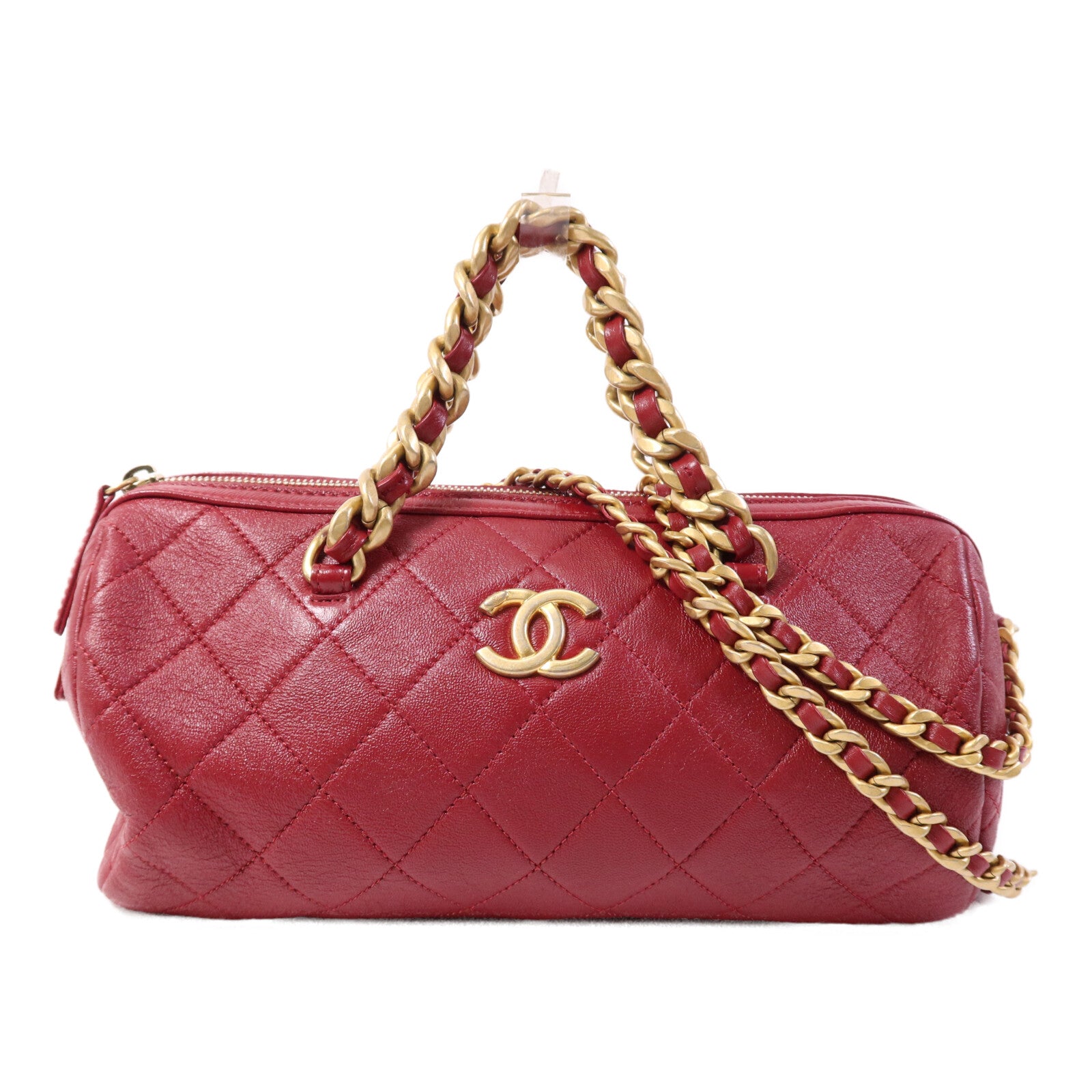 CHANEL 牛皮皮革Bowling Bag金扣鏈帶手挽肩背兩用袋