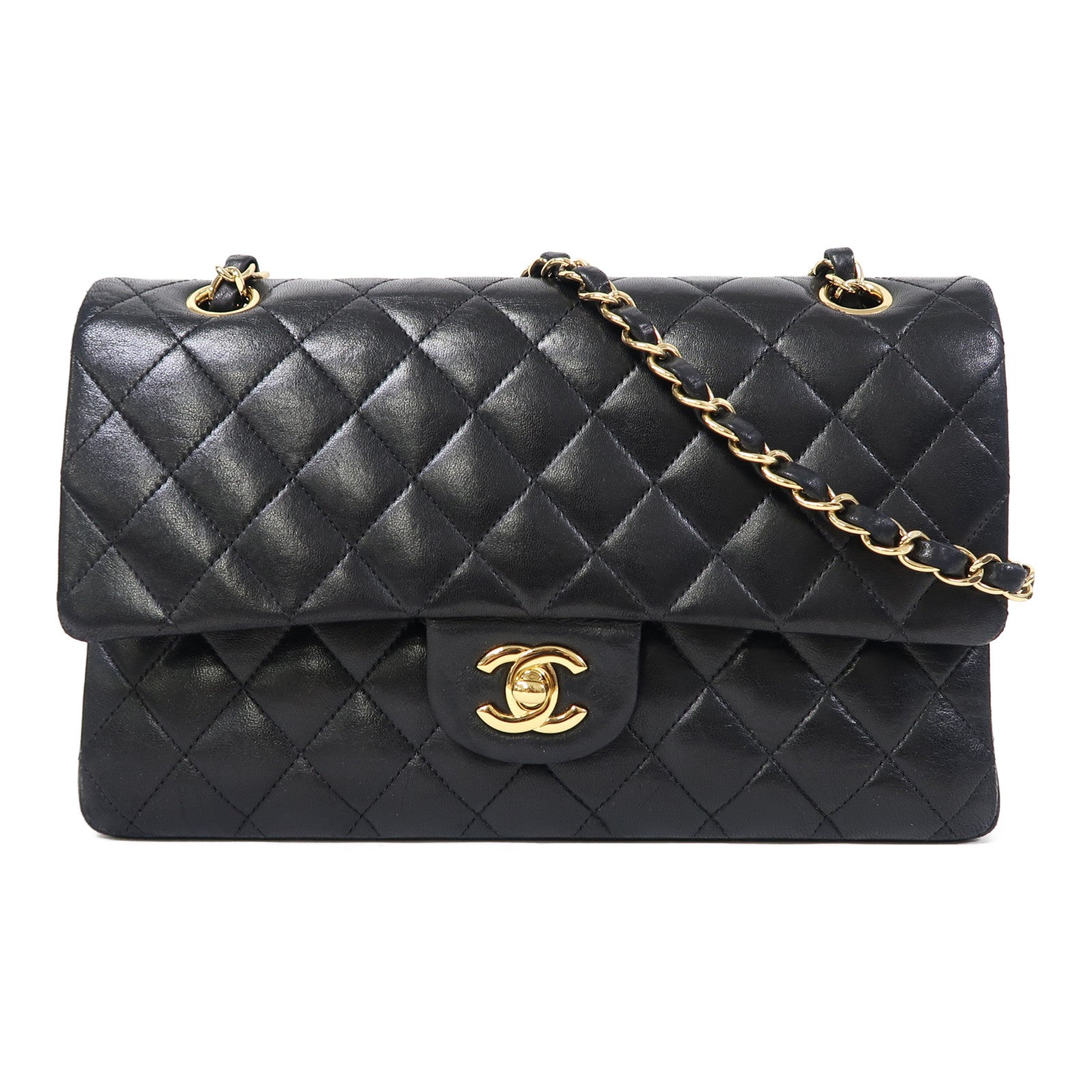 CHANEL 菱格羊皮皮革Classic金扣鏈帶肩背袋黑色