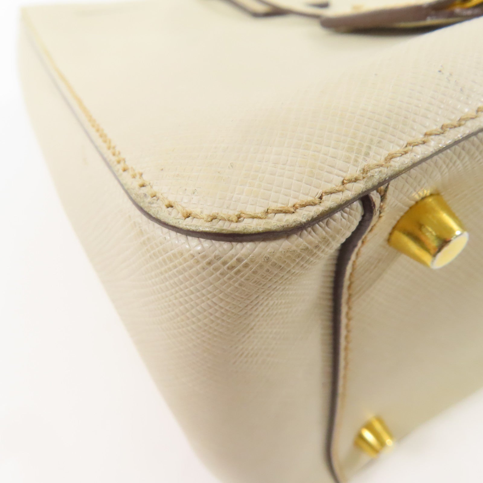 PRADA 牛皮皮革Saffiano金扣手挽袋米白色