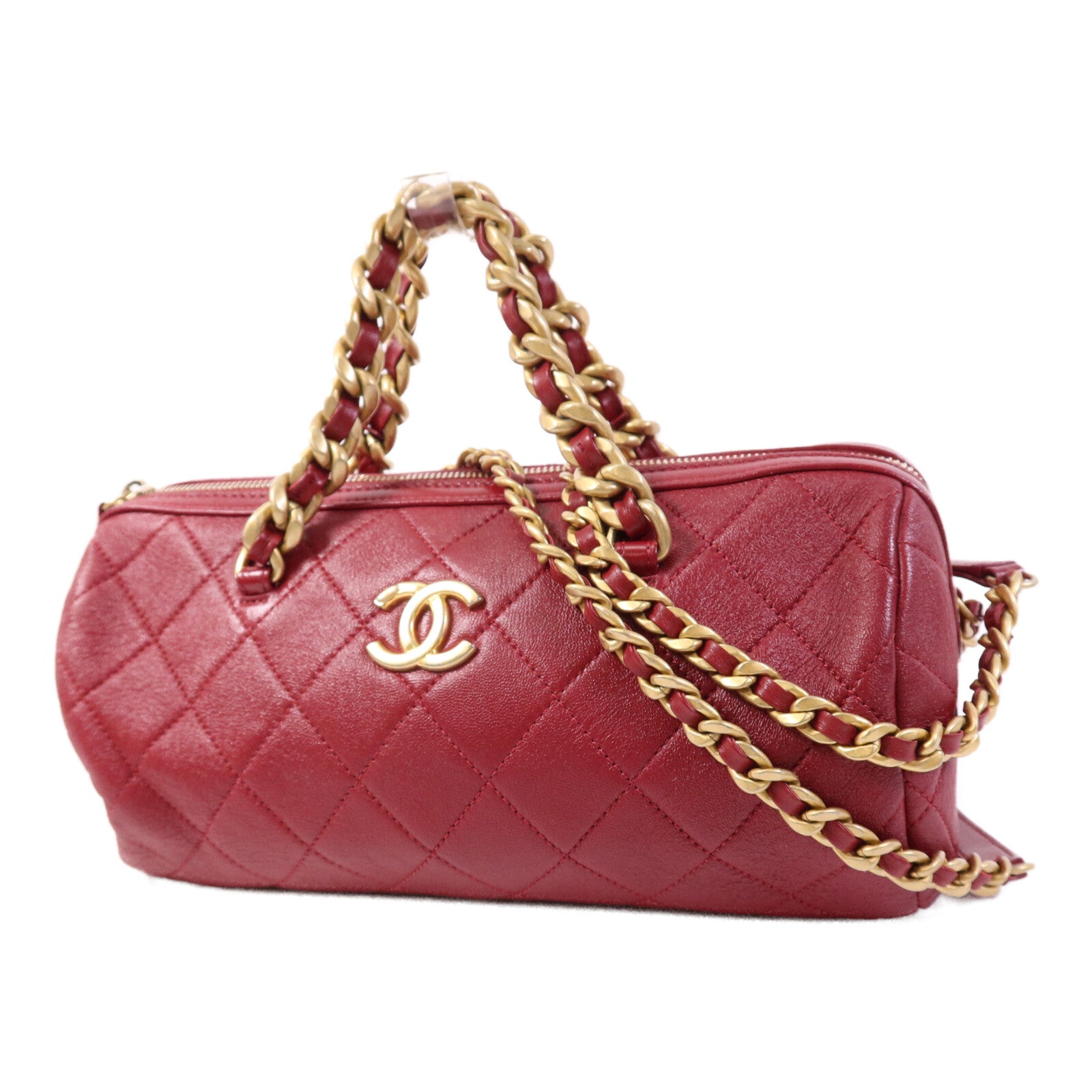 CHANEL 牛皮皮革Bowling Bag金扣鏈帶手挽肩背兩用袋
