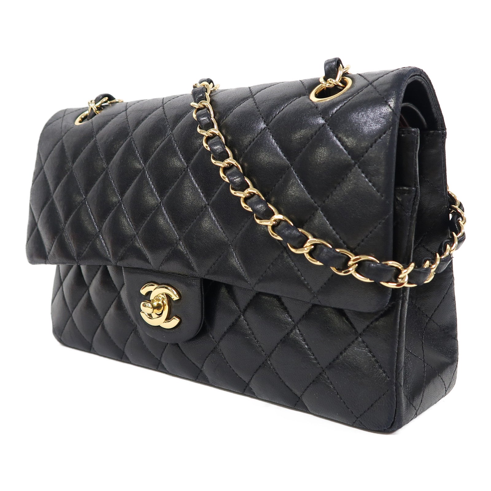 CHANEL 菱格羊皮皮革Classic金扣鏈帶肩背袋黑色