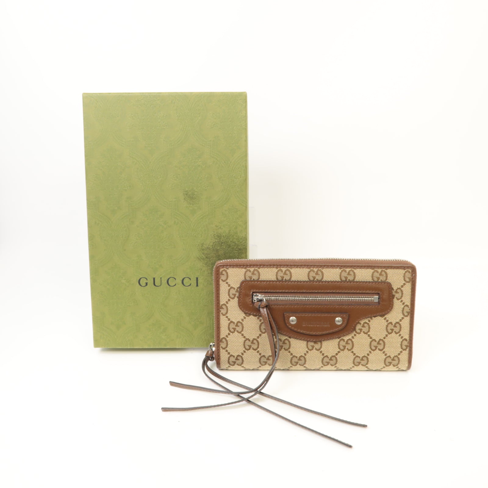 GUCCI 【激減優惠】帆布/皮革Gucci x Balenciaga Zip Long Wallet銀扣長錢包啡色