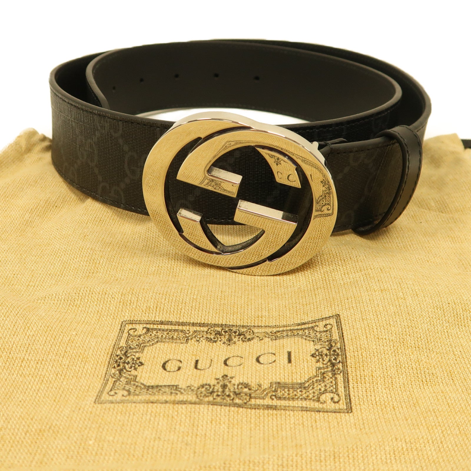 GUCCI PVC GG Supreme Belt銀扣皮帶黑色